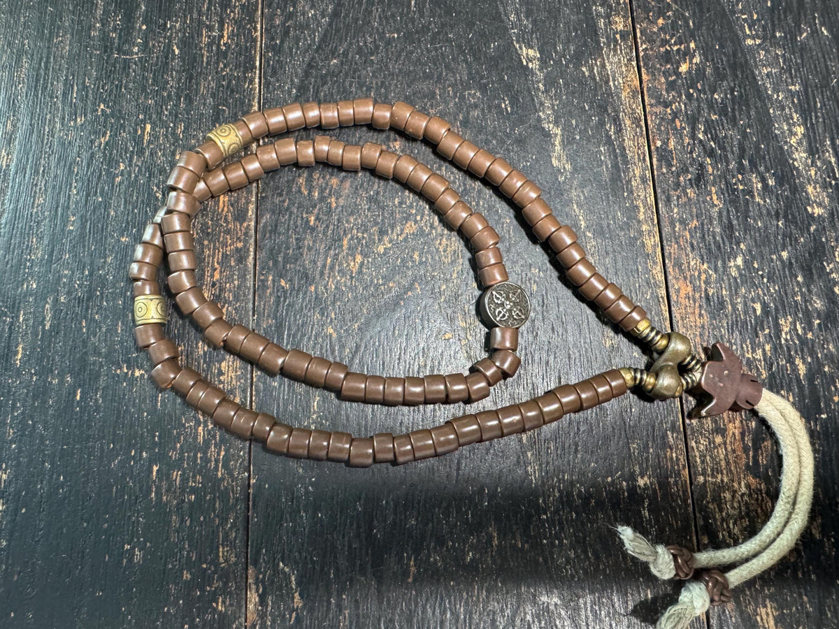 Tibetan Style 108 Bead Mala 20” Brown Bead Prayer Necklace Adjustable Meditation Mala Metal Guru Bead Buddhist Jewelry(H957)