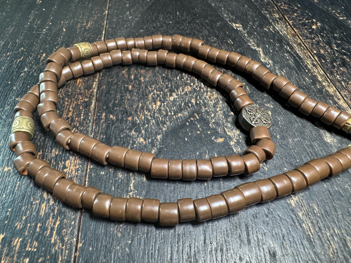 Tibetan Style 108 Bead Mala 20” Brown Bead Prayer Necklace Adjustable Meditation Mala Metal Guru Bead Buddhist Jewelry(H957)