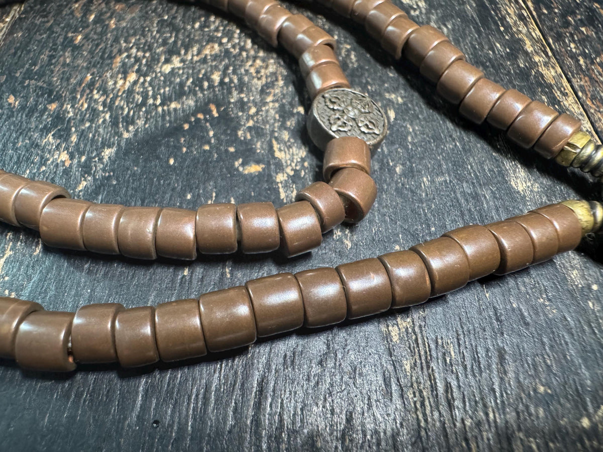 Tibetan Style 108 Bead Mala 20” Brown Bead Prayer Necklace Adjustable Meditation Mala Metal Guru Bead Buddhist Jewelry(H957)