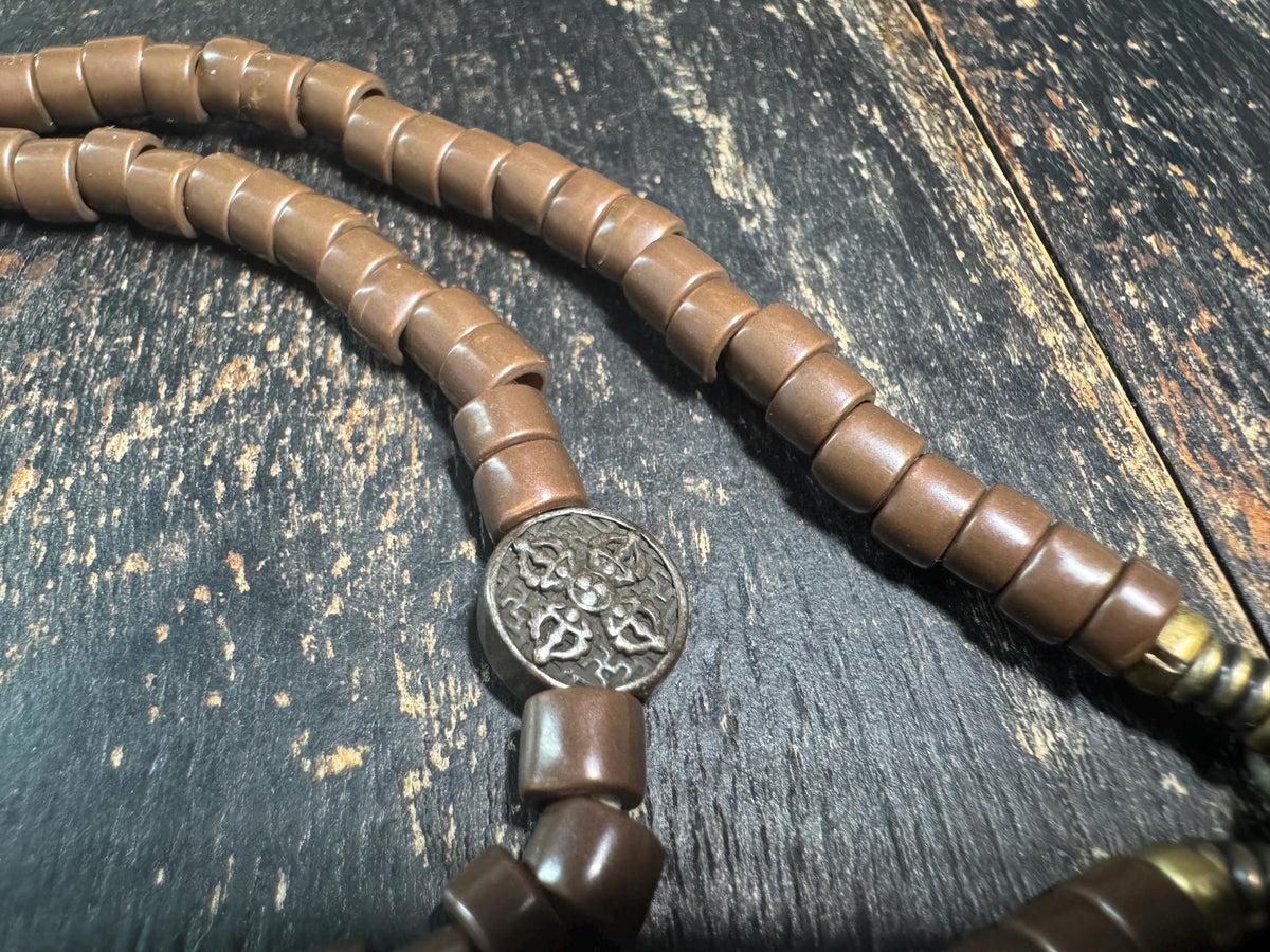 Tibetan Style 108 Bead Mala 20” Brown Bead Prayer Necklace Adjustable Meditation Mala Metal Guru Bead Buddhist Jewelry(H957)