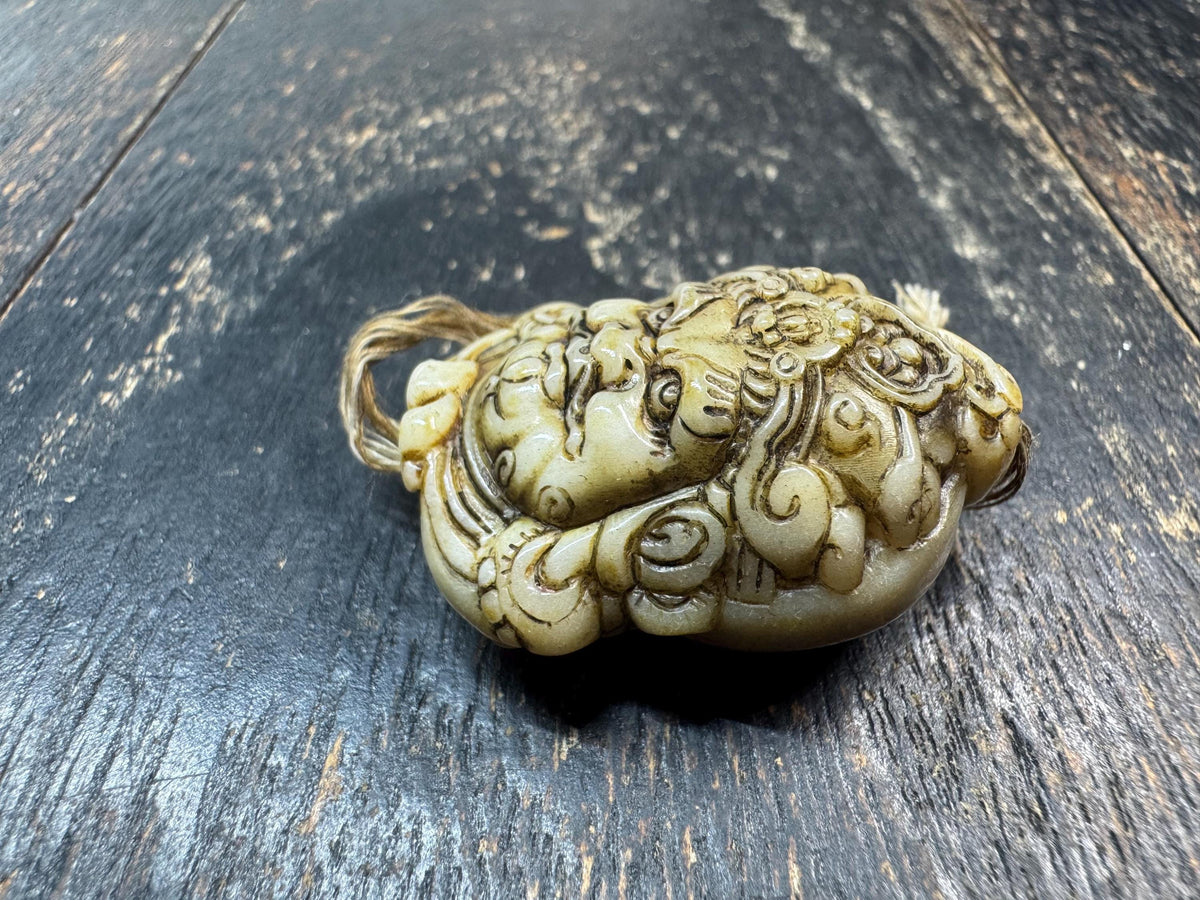 Carved Deer Antler Tibetan Wealth Deity Bead | Jambhala Style Face Pendant | Himalayan Buddhist Guru Bead | Mala Focal Bead(H971)