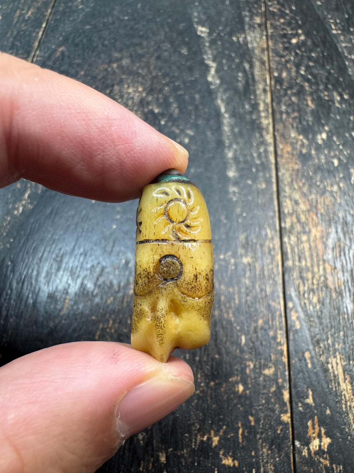 Carved Yak Bone Bead with Sun Motif | Tibetan Style Engraved Bone Bead | Turquoise Color Accent | Mala Focal Bead | Himalayan Jewelry(H971)