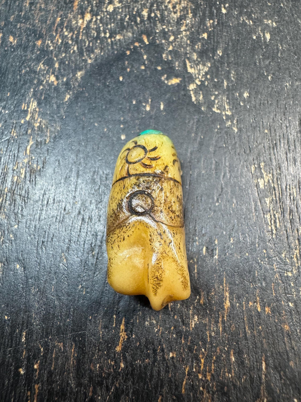Carved Yak Bone Bead with Sun Motif | Tibetan Style Engraved Bone Bead | Turquoise Color Accent | Mala Focal Bead | Himalayan Jewelry(H971)