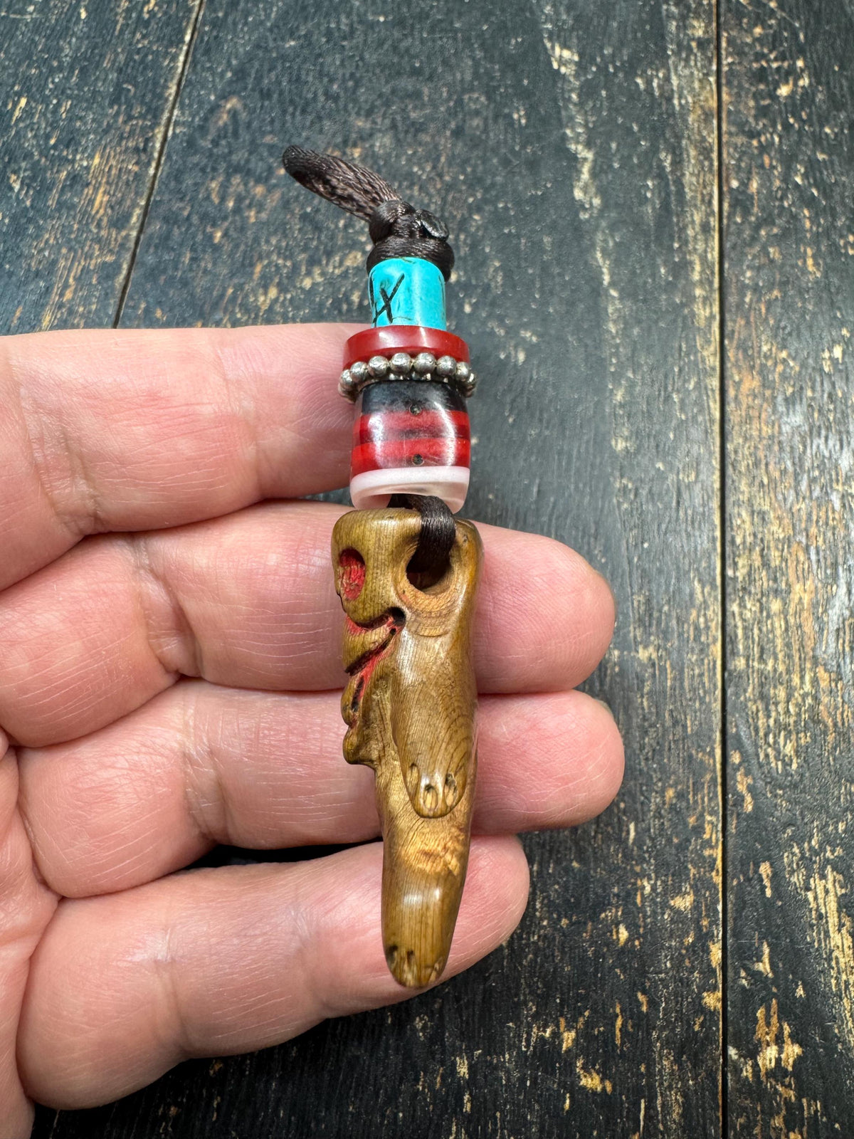 Hand Carved Wooden Skull Pendant | Resin Bead Ornament | Tribal Hanging Charm | Gothic Skull Talisman | Boho Ethnic Bag Charm(H971)