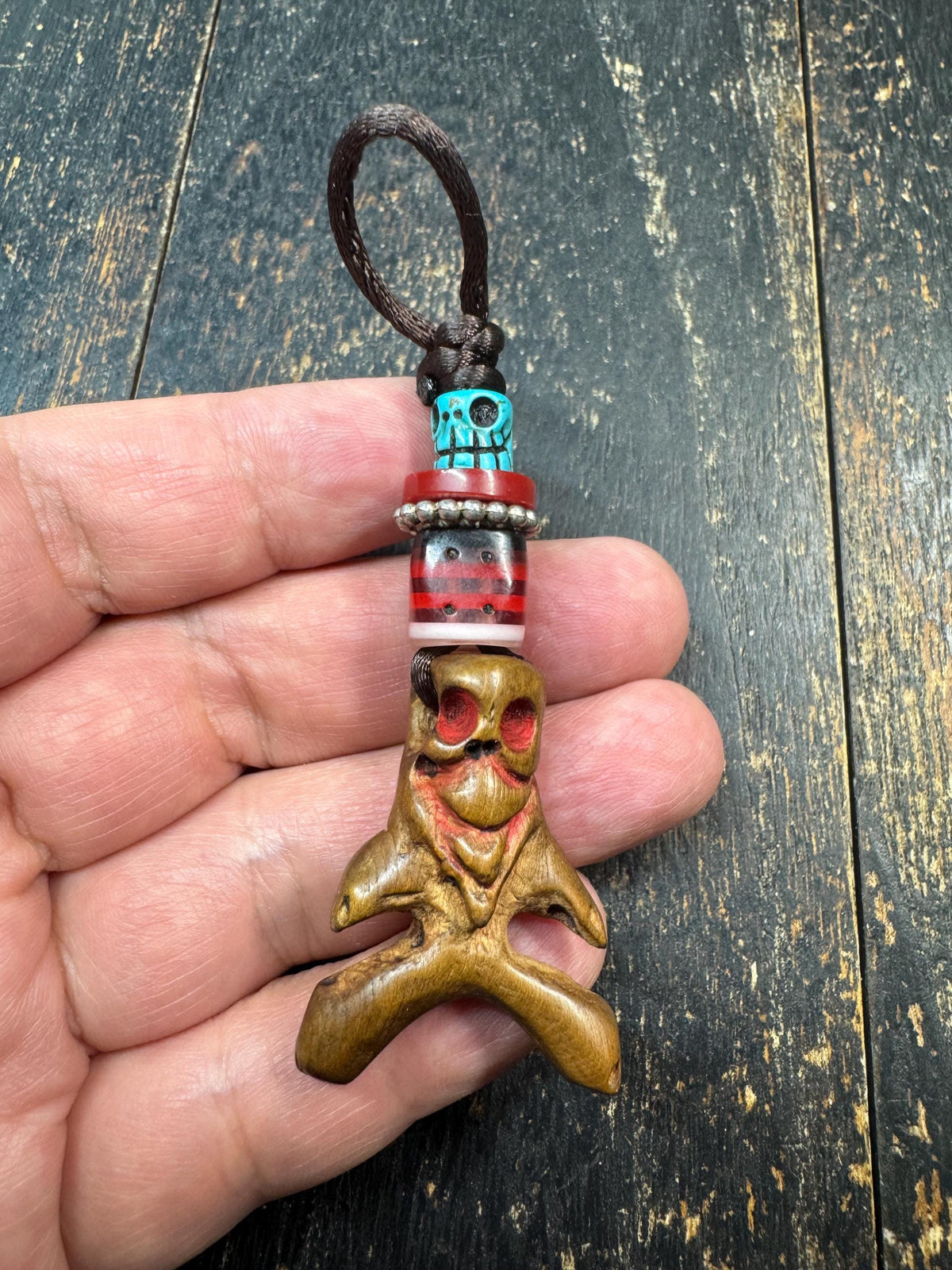 Hand Carved Wooden Skull Pendant | Resin Bead Ornament | Tribal Hanging Charm | Gothic Skull Talisman | Boho Ethnic Bag Charm(H971)