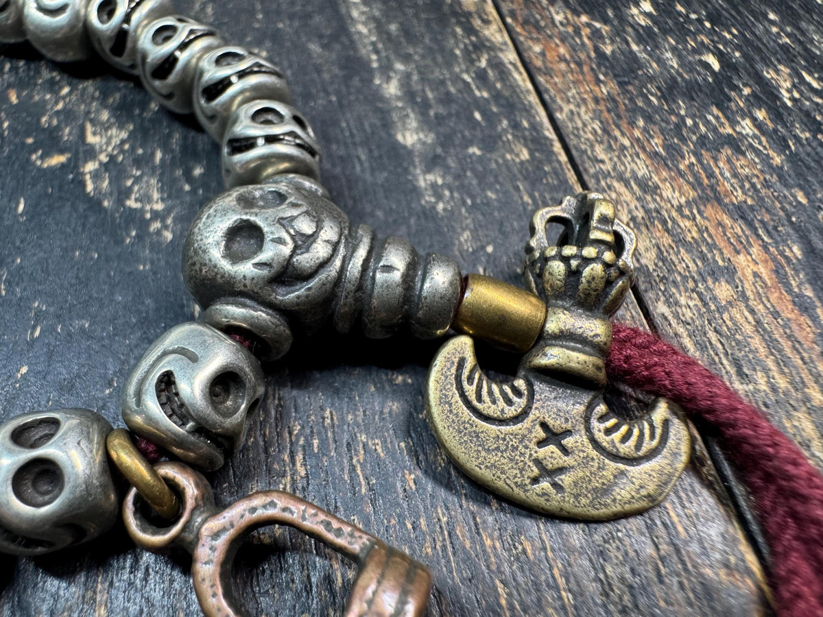 Brass Skull Bead Bracelet | Tibetan Style Skull Wrist Mala | Approx. 8 Inch Wrist | Gothic Spiritual Prayer Beads(H973)