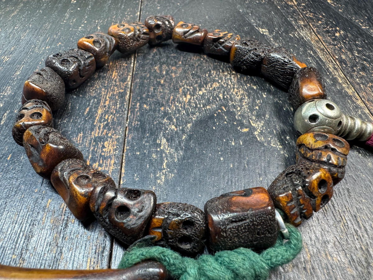 Yak Bone Skull Handheld Mala | Brass Guru Bead Prayer Beads | Tibetan Style Hand Hold | Carved Bone Skull Amulet | Himalayan Meditation(H972