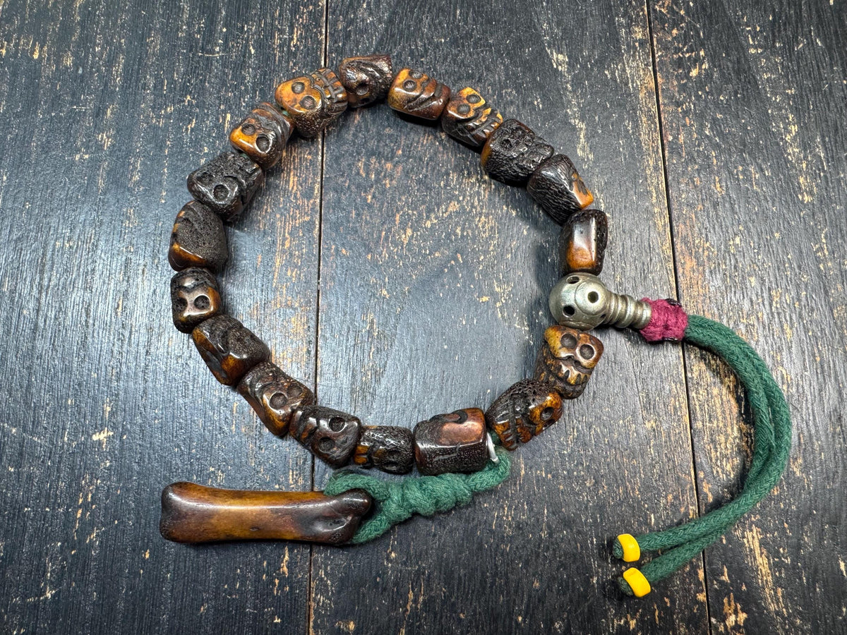 Yak Bone Skull Handheld Mala | Brass Guru Bead Prayer Beads | Tibetan Style Hand Hold | Carved Bone Skull Amulet | Himalayan Meditation(H972