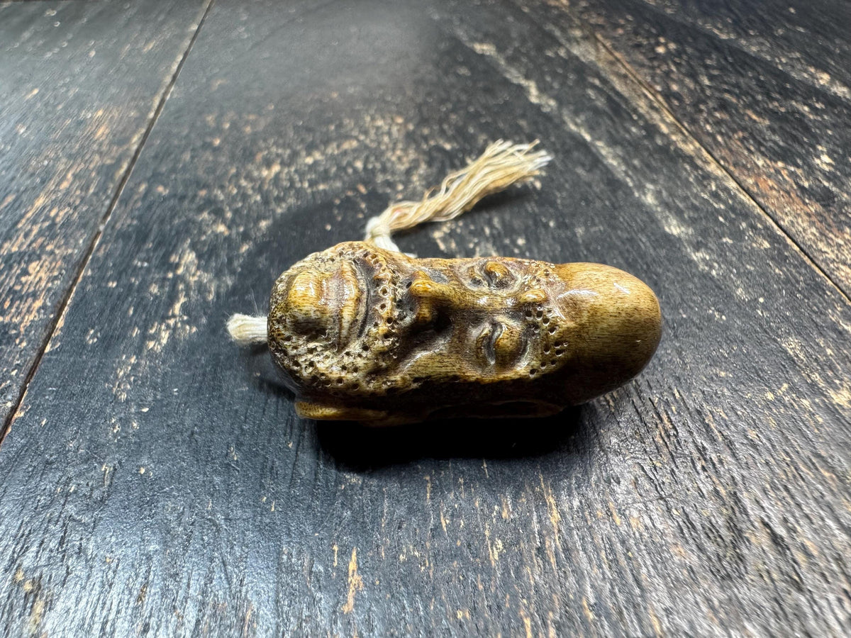 Hand Carved Deer Antler Bodhidharma Bead | Daruma Patriarch Pendant | Tibetan Buddhist Guru Bead | Himalayan Mala Focal Bead (H971)