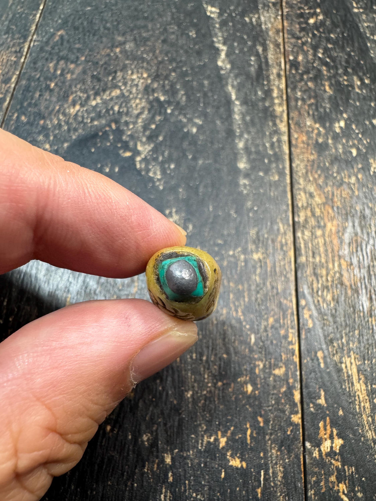 Carved Yak Bone Bead with Sun Motif | Tibetan Style Engraved Bone Bead | Turquoise Color Accent | Mala Focal Bead | Himalayan Jewelry(H971)