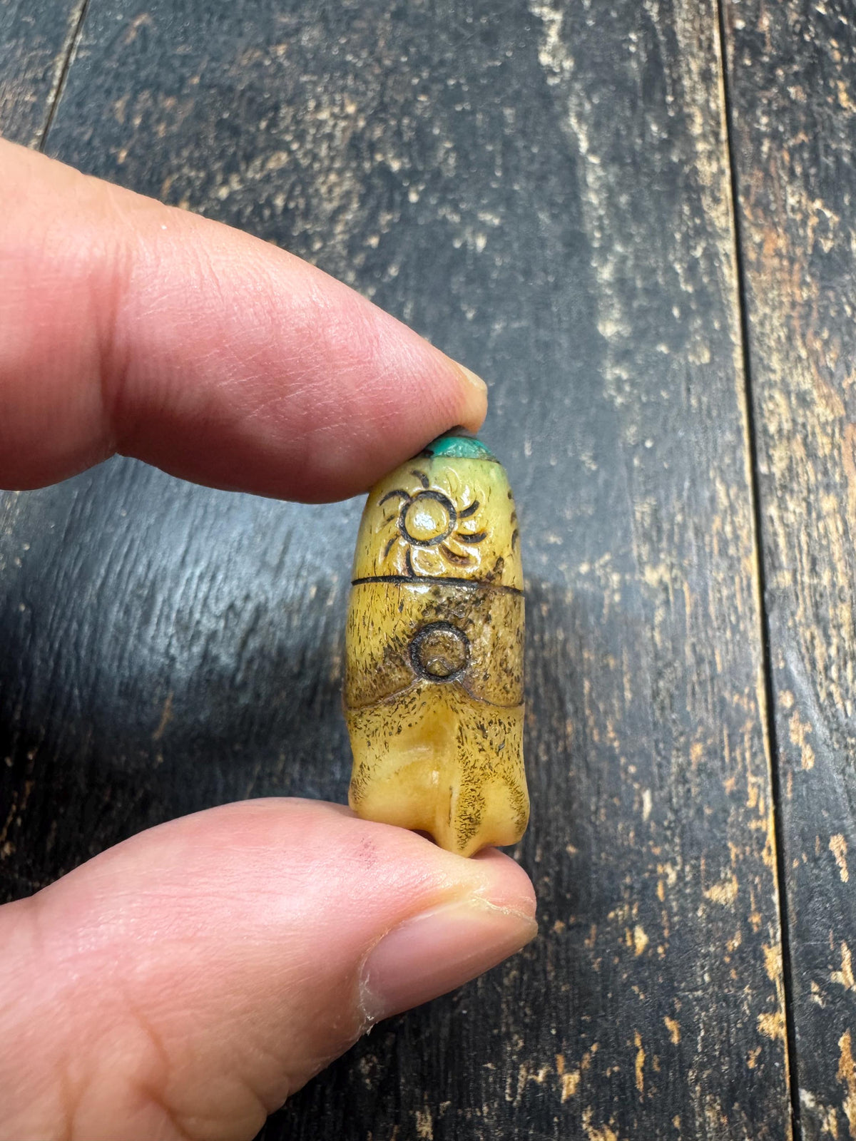 Carved Yak Bone Bead with Sun Motif | Tibetan Style Engraved Bone Bead | Turquoise Color Accent | Mala Focal Bead | Himalayan Jewelry(H971)