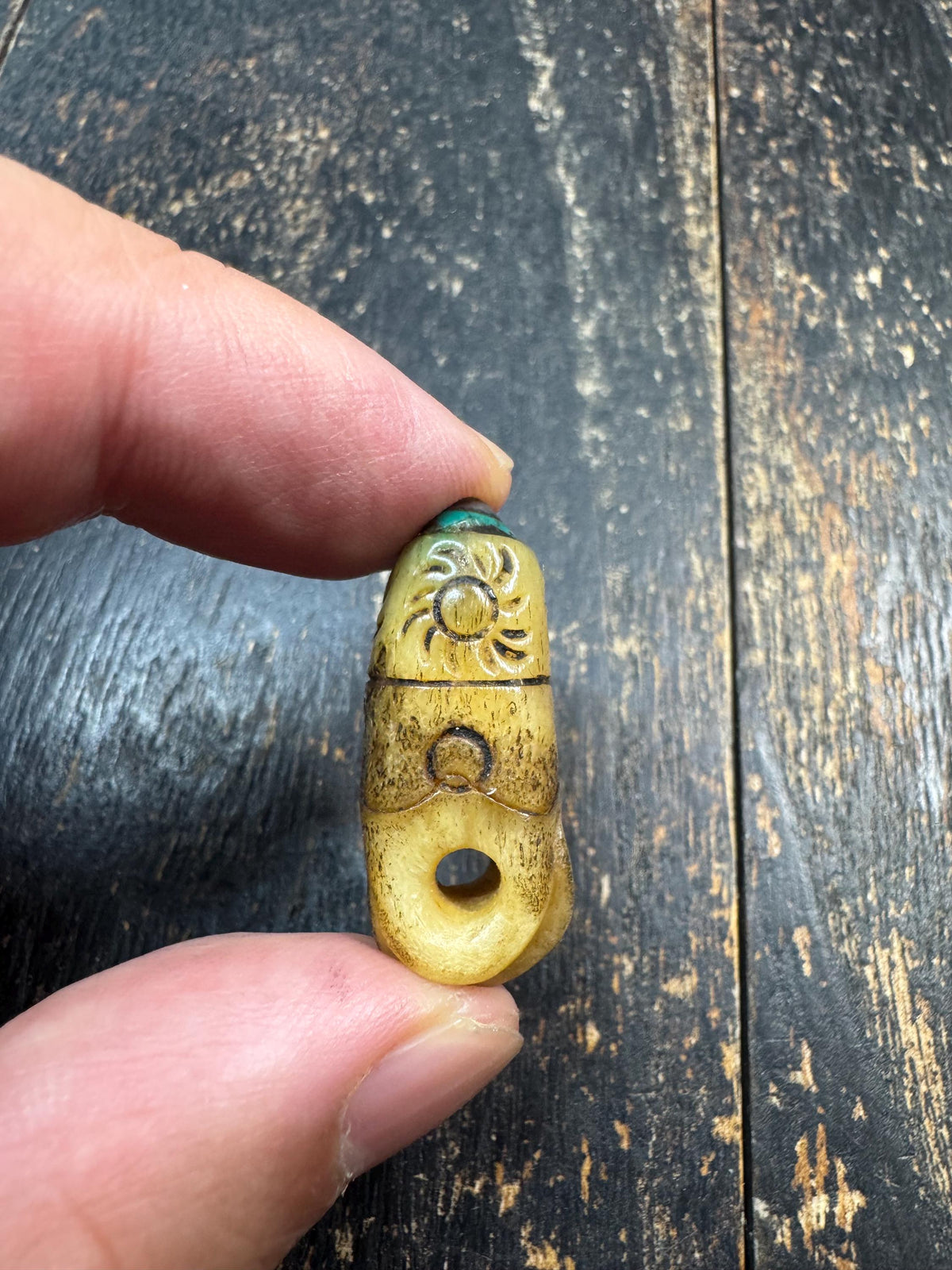 Carved Yak Bone Bead with Sun Motif | Tibetan Style Engraved Bone Bead | Turquoise Color Accent | Mala Focal Bead | Himalayan Jewelry(H971)