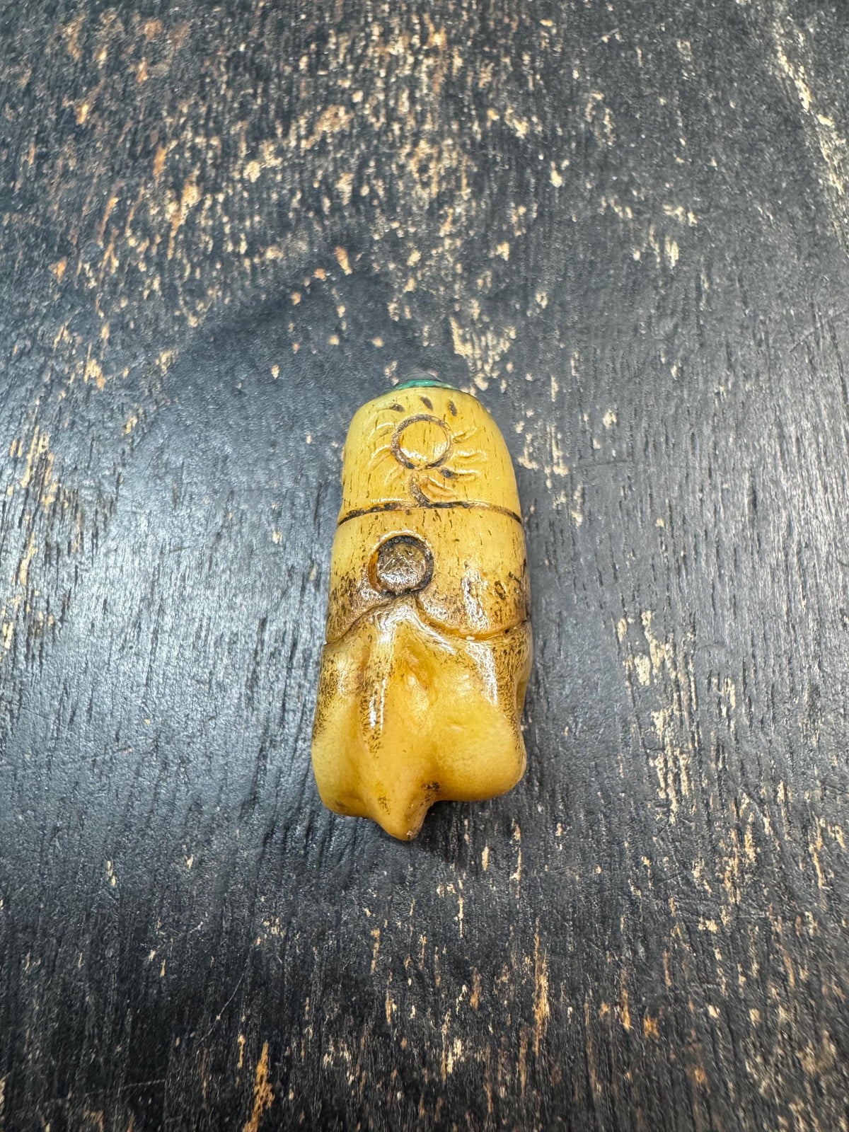 Carved Yak Bone Bead with Sun Motif | Tibetan Style Engraved Bone Bead | Turquoise Color Accent | Mala Focal Bead | Himalayan Jewelry(H971)
