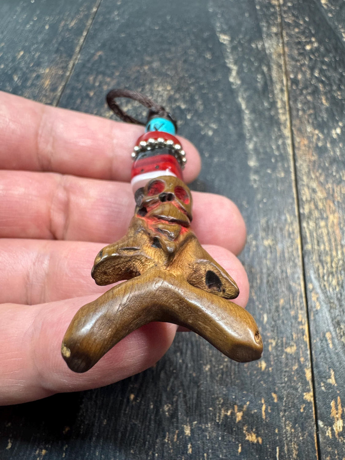 Hand Carved Wooden Skull Pendant | Resin Bead Ornament | Tribal Hanging Charm | Gothic Skull Talisman | Boho Ethnic Bag Charm(H971)