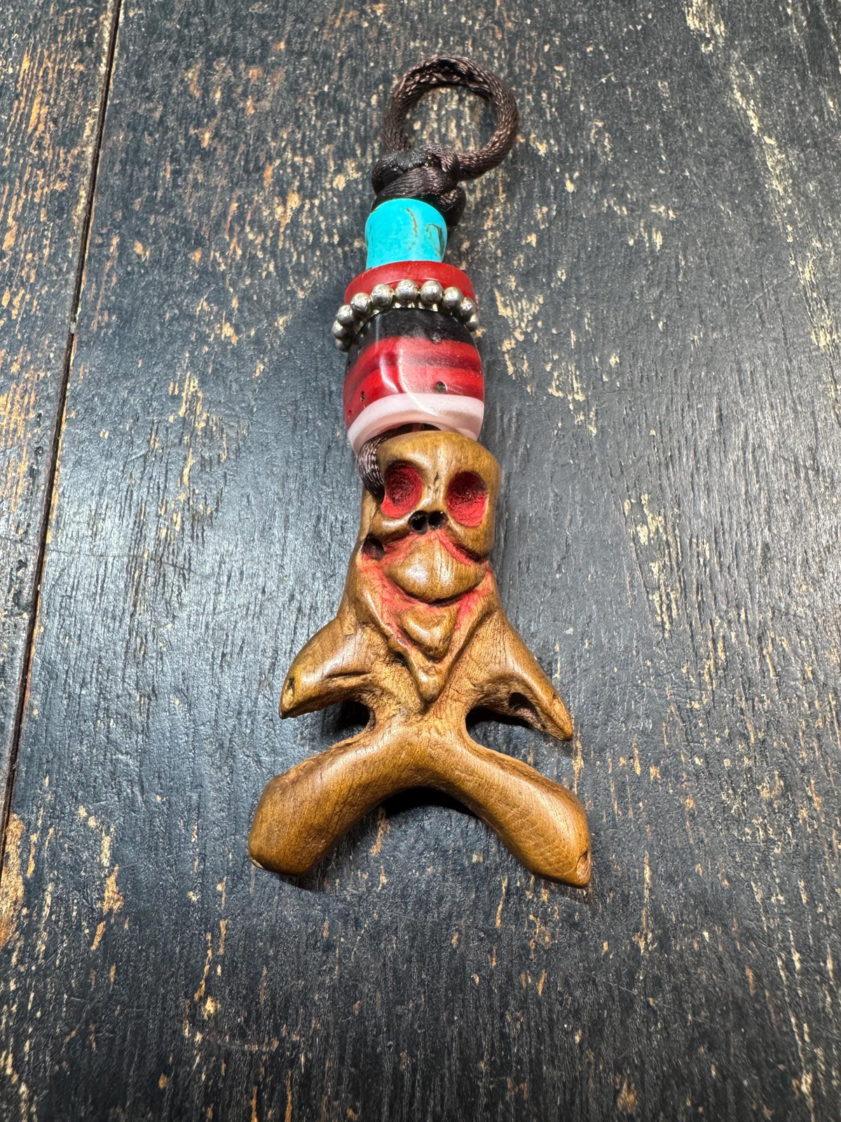 Hand Carved Wooden Skull Pendant | Resin Bead Ornament | Tribal Hanging Charm | Gothic Skull Talisman | Boho Ethnic Bag Charm(H971)