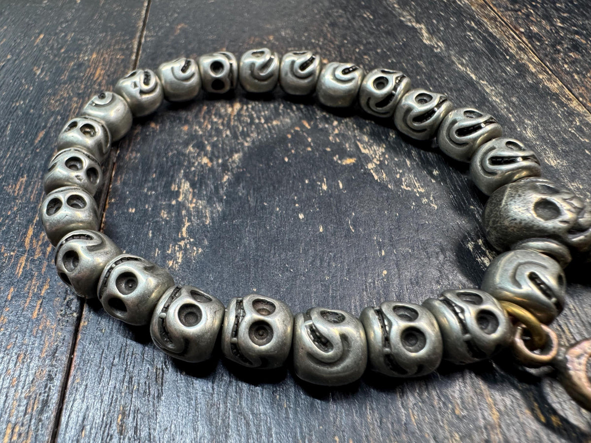 Brass Skull Bead Bracelet | Tibetan Style Skull Wrist Mala | Approx. 8 Inch Wrist | Gothic Spiritual Prayer Beads(H973)