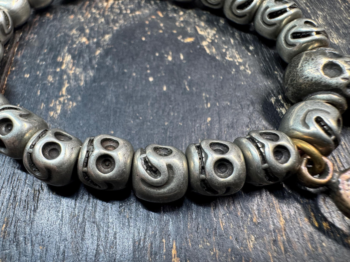 Brass Skull Bead Bracelet | Tibetan Style Skull Wrist Mala | Approx. 8 Inch Wrist | Gothic Spiritual Prayer Beads(H973)