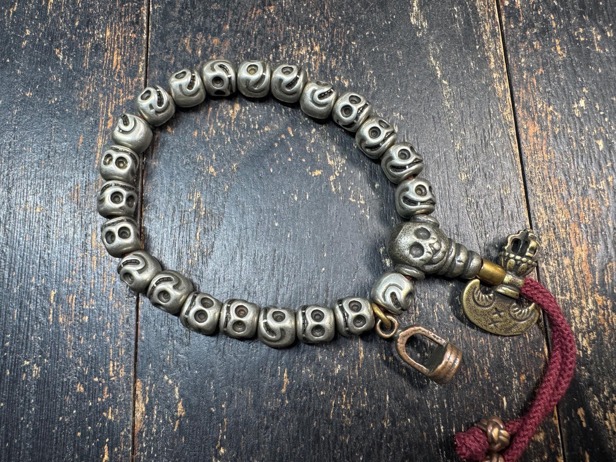 Brass Skull Bead Bracelet | Tibetan Style Skull Wrist Mala | Approx. 8 Inch Wrist | Gothic Spiritual Prayer Beads(H973)