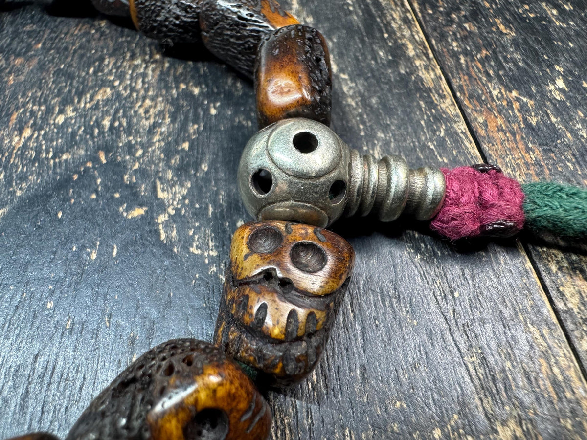 Yak Bone Skull Handheld Mala | Brass Guru Bead Prayer Beads | Tibetan Style Hand Hold | Carved Bone Skull Amulet | Himalayan Meditation(H972